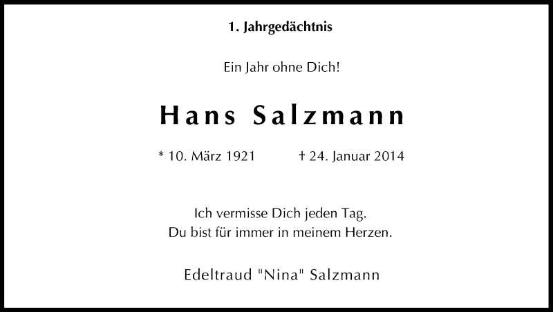  Traueranzeige für Hans Salzmann vom 24.01.2015 aus Kölner Stadt-Anzeiger / Kölnische Rundschau / Express