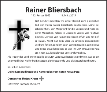 Anzeige von Rainer Bliersbach von  Kölner Wochenspiegel 