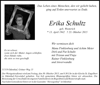 Anzeige von Erika Schultz von Kölner Stadt-Anzeiger / Kölnische Rundschau / Express