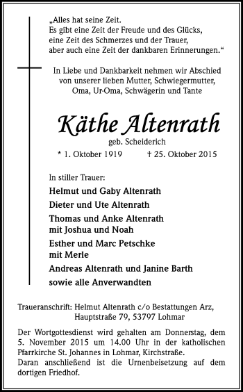Anzeige von Käthe Aftenratfi von Kölner Stadt-Anzeiger / Kölnische Rundschau / Express