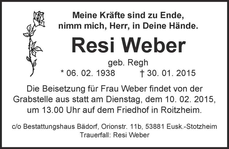  Traueranzeige für Resi Weber vom 08.02.2015 aus  Blickpunkt Euskirchen 