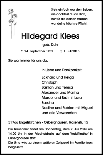 Anzeige von Hildegard Klees von Kölner Stadt-Anzeiger / Kölnische Rundschau / Express