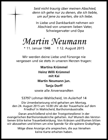 Anzeige von Martin Neumann von Kölner Stadt-Anzeiger / Kölnische Rundschau / Express