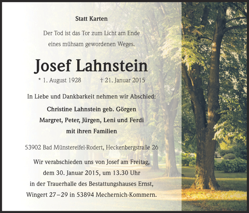  Traueranzeige für Josef Lahnstein vom 25.01.2015 aus  Blickpunkt Euskirchen 