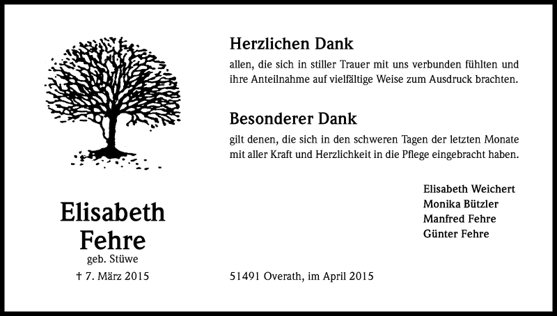  Traueranzeige für Elisabeth Fehre vom 25.03.2015 aus Kölner Stadt-Anzeiger / Kölnische Rundschau / Express