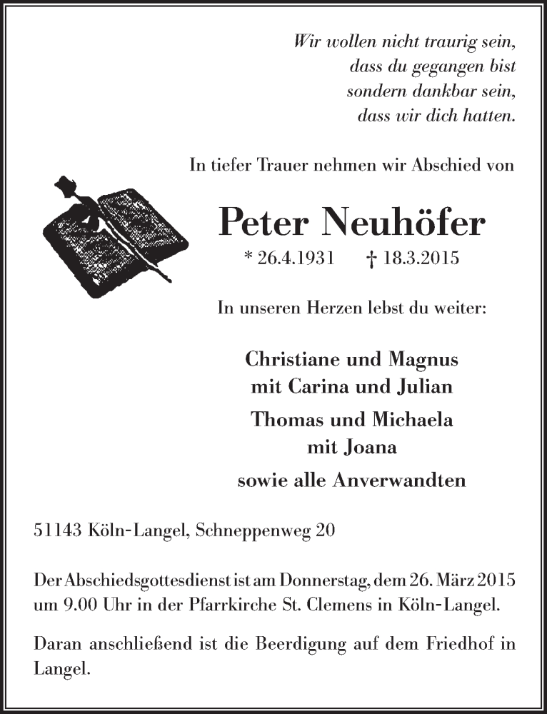  Traueranzeige für Peter Neuhöfer vom 25.03.2015 aus  Kölner Wochenspiegel  Extra Blatt 