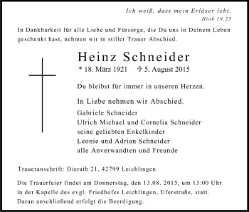 Anzeige von Heinz Schneider von Kölner Stadt-Anzeiger / Kölnische Rundschau / Express