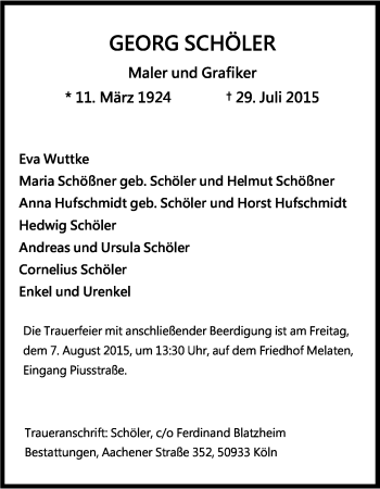 Anzeige von Georg Schöler von Kölner Stadt-Anzeiger / Kölnische Rundschau / Express