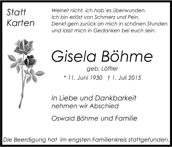 Anzeige von Gisela Böhme von Kölner Stadt-Anzeiger / Kölnische Rundschau / Express