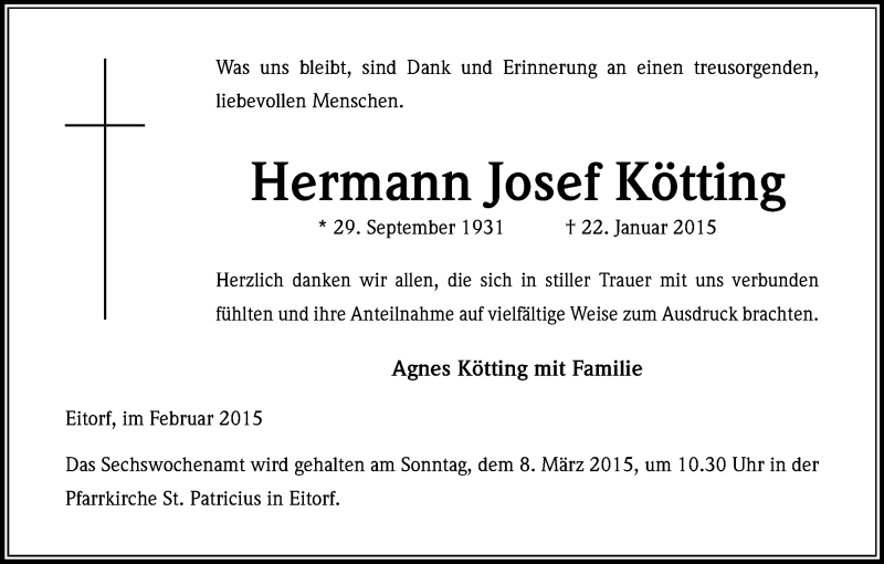  Traueranzeige für Hermann Josef Kötting vom 28.02.2015 aus Kölner Stadt-Anzeiger / Kölnische Rundschau / Express