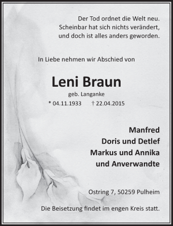 Anzeige von Leni Braun von  Sonntags-Post 
