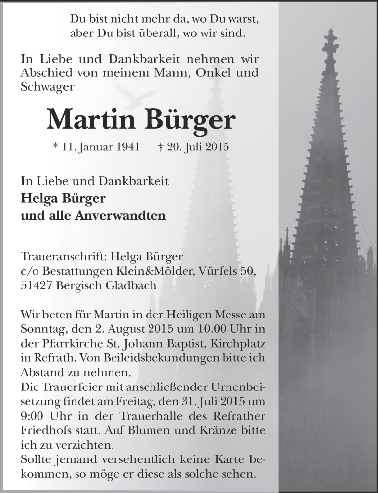  Traueranzeige für Martin Bürger vom 29.07.2015 aus  Bergisches Handelsblatt 