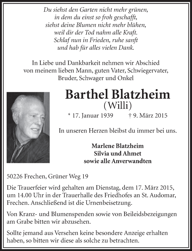  Traueranzeige für Barthel Blatzheim vom 14.03.2015 aus  Sonntags-Post 