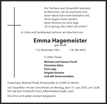Anzeige von Emma Hagemeister von  Kölner Wochenspiegel 
