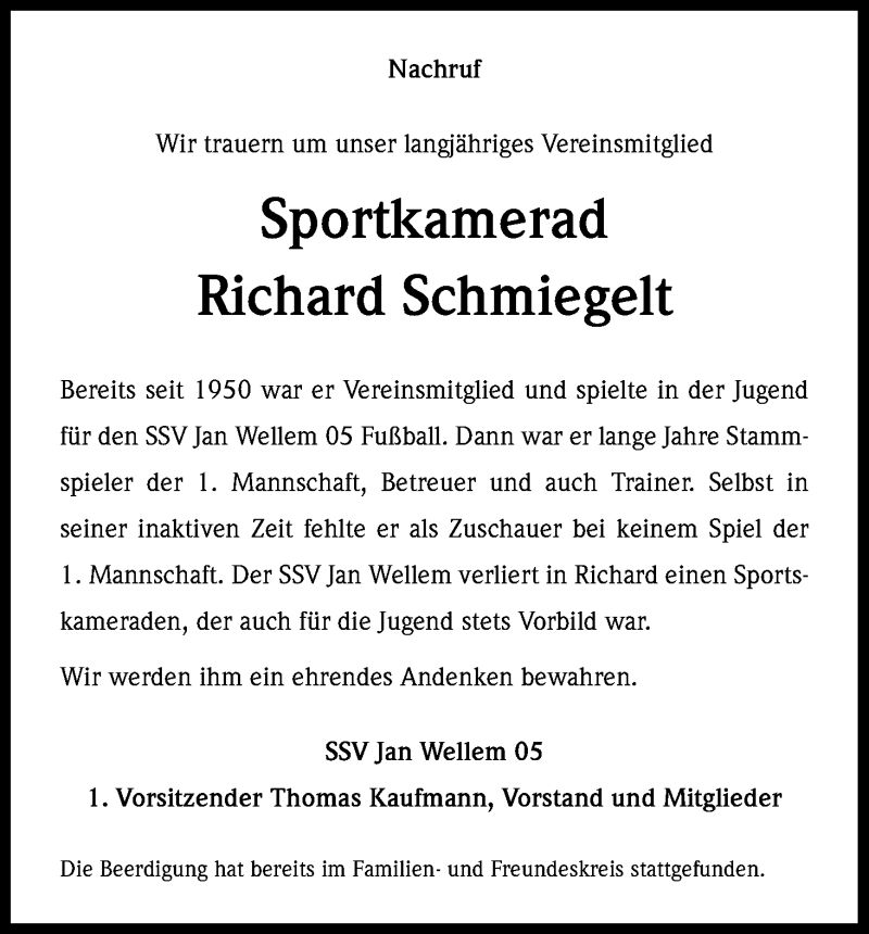  Traueranzeige für Richard Schmiegelt vom 27.02.2015 aus Kölner Stadt-Anzeiger / Kölnische Rundschau / Express