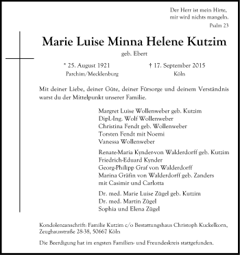 Anzeige von Marie Luise Minna Helene Kutzim von Kölner Stadt-Anzeiger / Kölnische Rundschau / Express