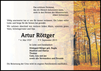 Anzeige von Artur Röttger von Kölner Stadt-Anzeiger / Kölnische Rundschau / Express