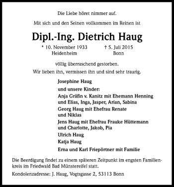Anzeige von Dietrich Haug von Kölner Stadt-Anzeiger / Kölnische Rundschau / Express