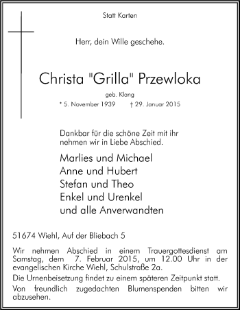 Anzeige von Christa  Przewloka von Kölner Stadt-Anzeiger / Kölnische Rundschau / Express