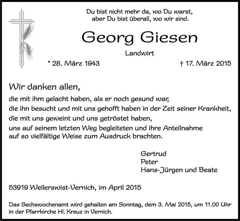  Traueranzeige für Georg Giesen vom 24.04.2015 aus Kölner Stadt-Anzeiger / Kölnische Rundschau / Express