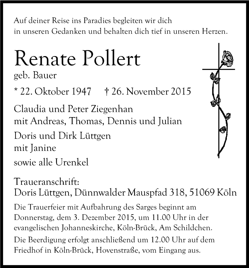  Traueranzeige für Renate Pollert vom 28.11.2015 aus Kölner Stadt-Anzeiger / Kölnische Rundschau / Express