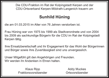 Anzeige von Sunhild Hüning von  Sonntags-Post 