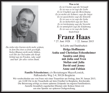Anzeige von Franz Haas von  Werbepost 