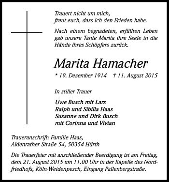 Anzeige von Marita Hamacher von Kölner Stadt-Anzeiger / Kölnische Rundschau / Express