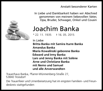 Anzeige von Joachim Banka von Kölner Stadt-Anzeiger / Kölnische Rundschau / Express