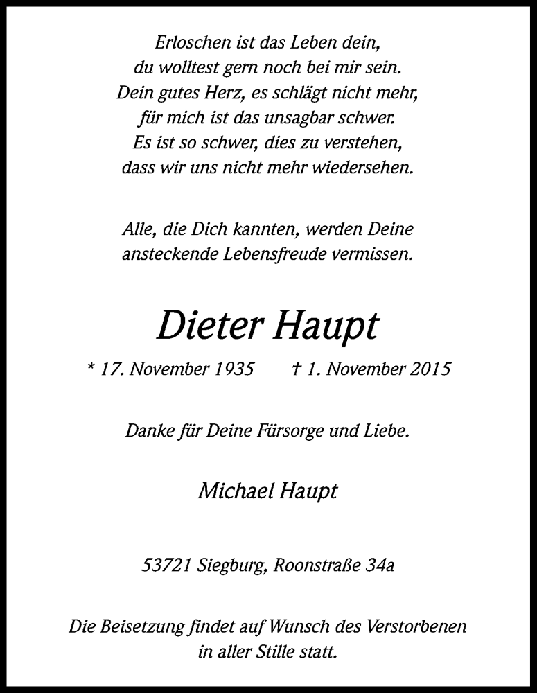  Traueranzeige für Dieter Haupt vom 07.11.2015 aus Kölner Stadt-Anzeiger / Kölnische Rundschau / Express