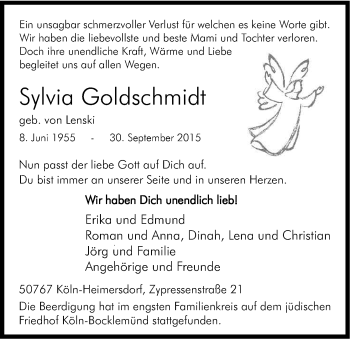 Anzeige von Sylvia Goldschmidt von Kölner Stadt-Anzeiger / Kölnische Rundschau / Express