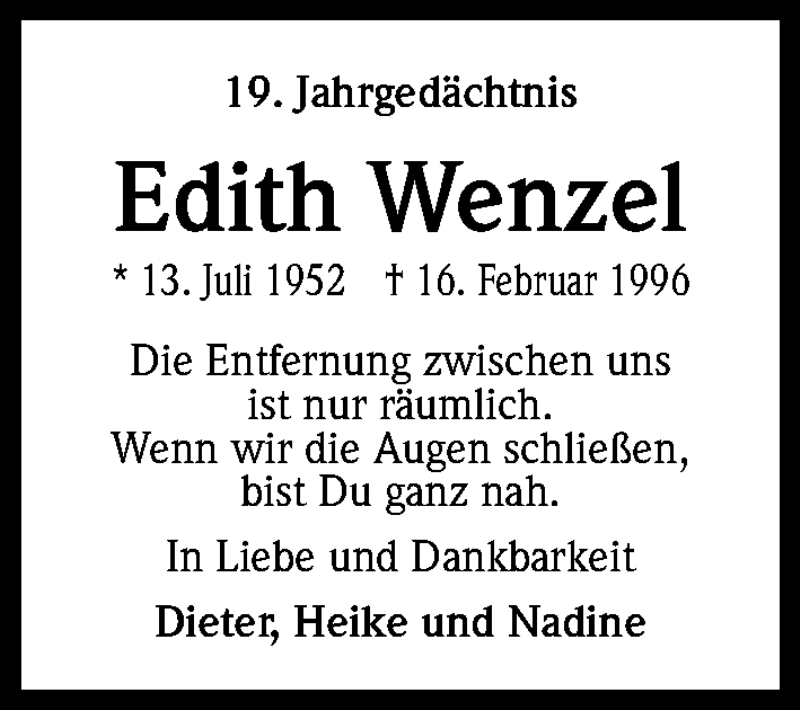  Traueranzeige für Edith Wenzel vom 16.02.2015 aus Kölner Stadt-Anzeiger / Kölnische Rundschau / Express