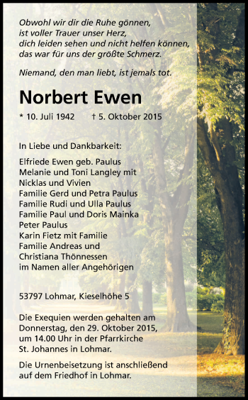 Anzeige von Norbert Ewen von Kölner Stadt-Anzeiger / Kölnische Rundschau / Express