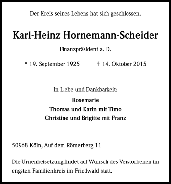Anzeige von Karl-Heinz Hornemann-Scheider von Kölner Stadt-Anzeiger / Kölnische Rundschau / Express