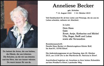 Anzeige von Anneliese Becker von Kölner Stadt-Anzeiger / Kölnische Rundschau / Express