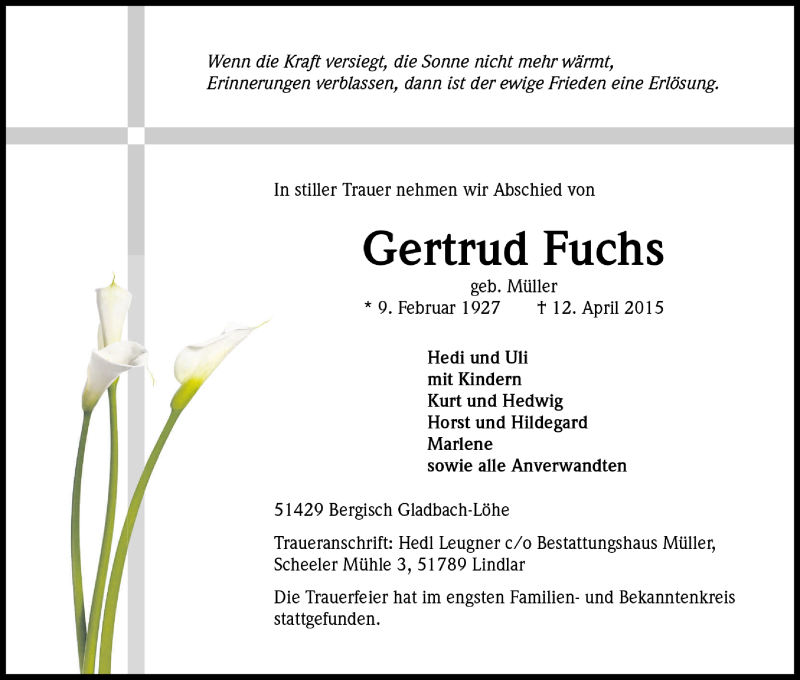  Traueranzeige für Gertrud Fuchs vom 18.04.2015 aus Kölner Stadt-Anzeiger / Kölnische Rundschau / Express
