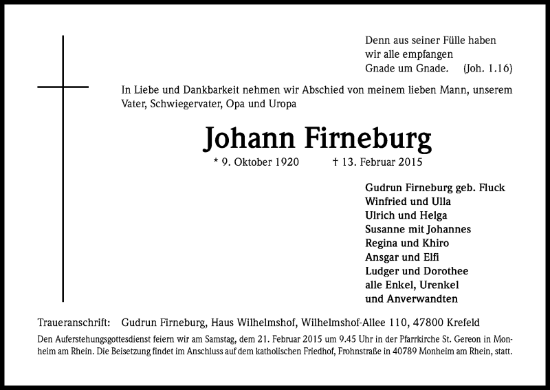  Traueranzeige für Johann Firneburg vom 19.02.2015 aus Kölner Stadt-Anzeiger / Kölnische Rundschau / Express