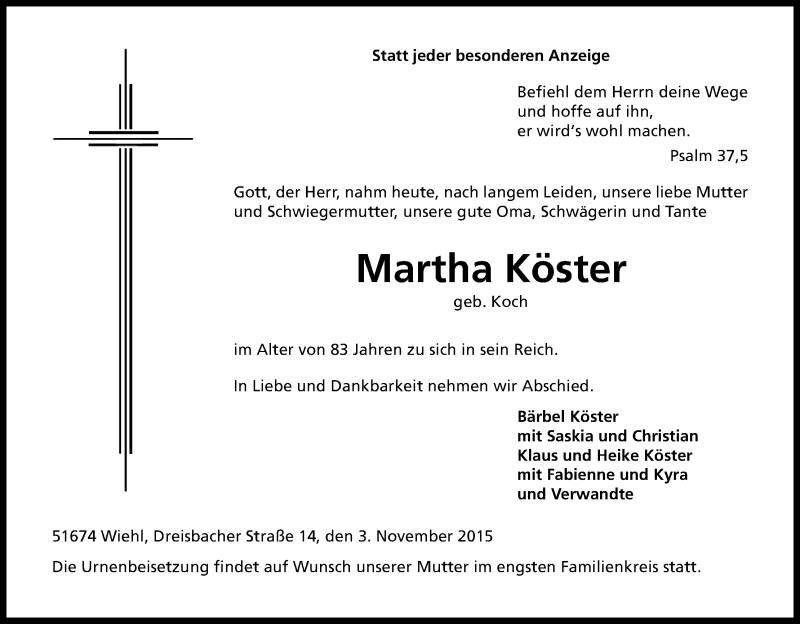  Traueranzeige für Martha Köster vom 07.11.2015 aus Kölner Stadt-Anzeiger / Kölnische Rundschau / Express