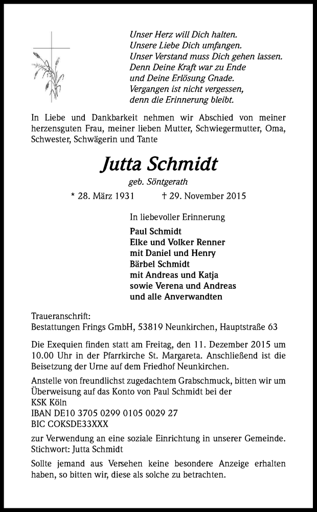  Traueranzeige für Jutta Schmidt vom 04.12.2015 aus Kölner Stadt-Anzeiger / Kölnische Rundschau / Express