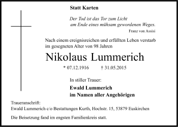 Anzeige von Nikolaus Lummerich von Kölner Stadt-Anzeiger / Kölnische Rundschau / Express