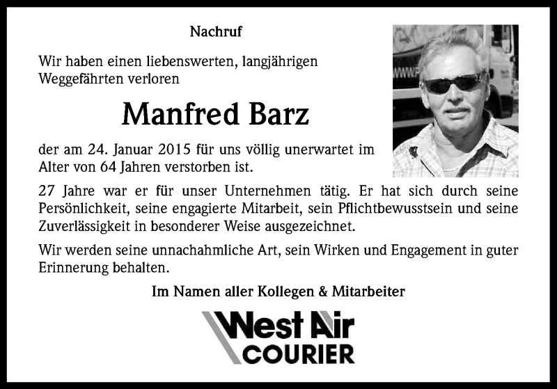  Traueranzeige für Manfred Barz vom 31.01.2015 aus Kölner Stadt-Anzeiger / Kölnische Rundschau / Express