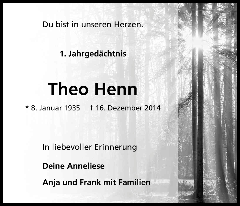  Traueranzeige für Theo Henn vom 16.12.2015 aus Kölner Stadt-Anzeiger / Kölnische Rundschau / Express