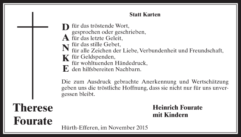  Traueranzeige für Therese Fourate vom 04.11.2015 aus  Wochenende 