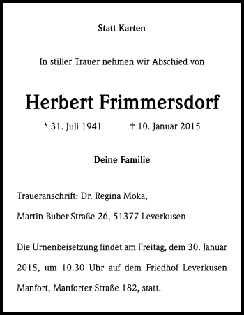 Anzeige von Herbert Frimmersdorf von Kölner Stadt-Anzeiger / Kölnische Rundschau / Express