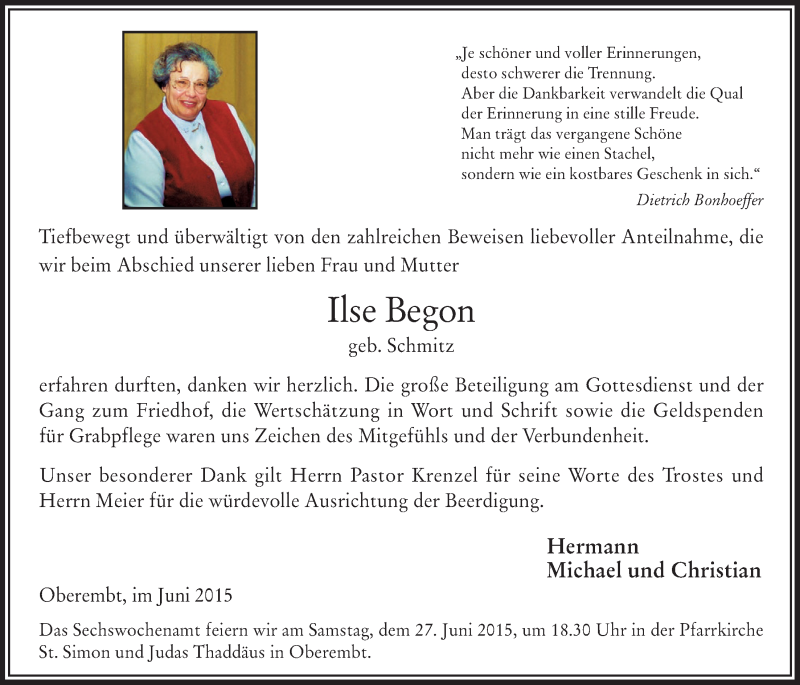  Traueranzeige für Ilse Begon vom 17.06.2015 aus  Werbepost 
