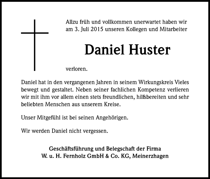  Traueranzeige für Daniel Huster vom 08.07.2015 aus Kölner Stadt-Anzeiger / Kölnische Rundschau / Express