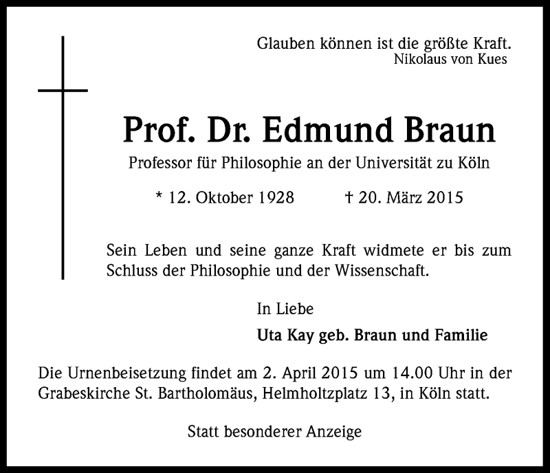  Traueranzeige für Edmund Braun vom 28.03.2015 aus Kölner Stadt-Anzeiger / Kölnische Rundschau / Express