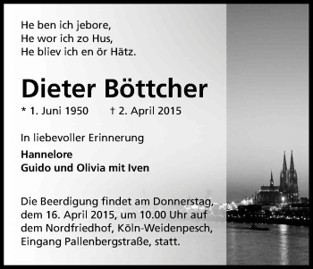 Anzeige von Dieter Böttcher von Kölner Stadt-Anzeiger / Kölnische Rundschau / Express