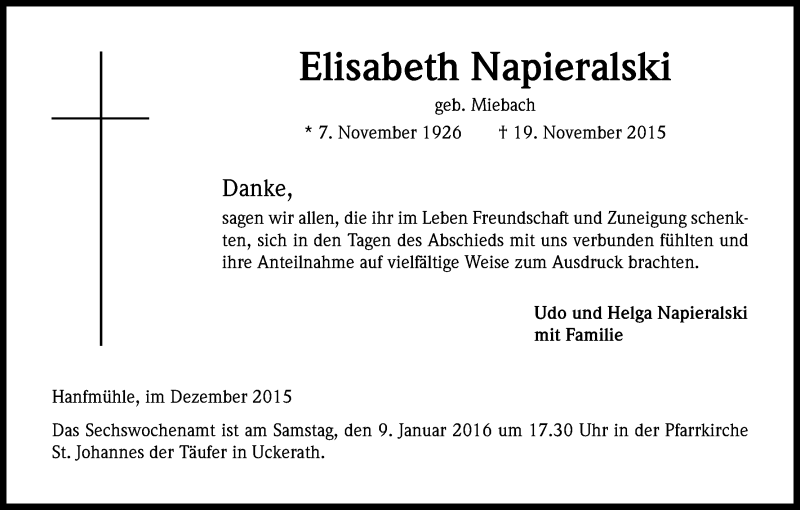  Traueranzeige für Elisabeth Napieralski vom 17.12.2015 aus Kölner Stadt-Anzeiger / Kölnische Rundschau / Express