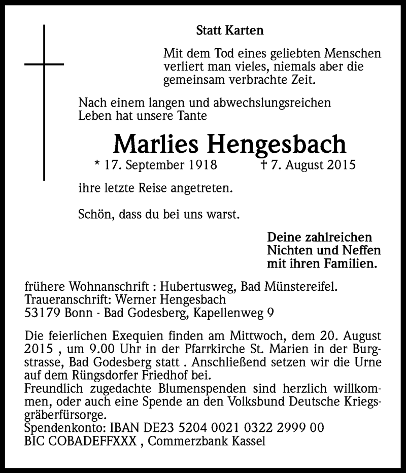  Traueranzeige für Marlies Hengesbach vom 15.08.2015 aus Kölner Stadt-Anzeiger / Kölnische Rundschau / Express